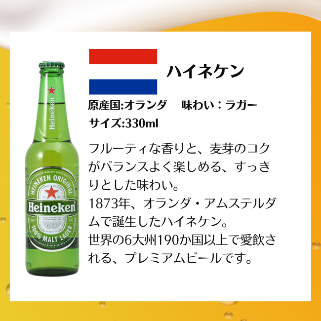 ハイネケンの330mlロングネック瓶（アルコール入りの通常版）